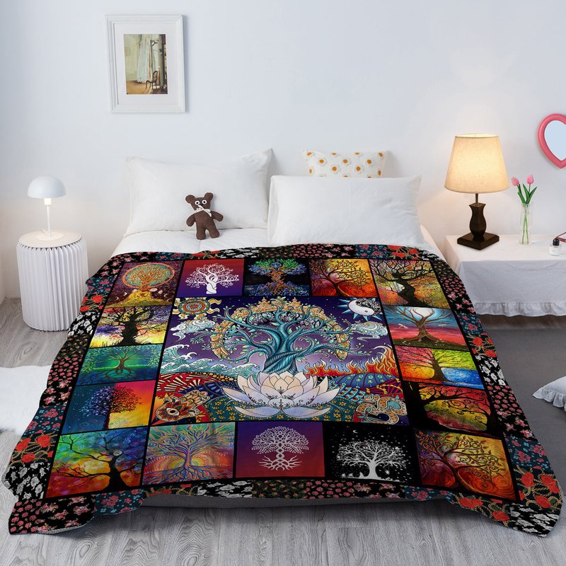 Multicolor Flannel Blanket with Lotus Tree Pattern - Soft, Warm, Multifunctional Outdoor & Home Use