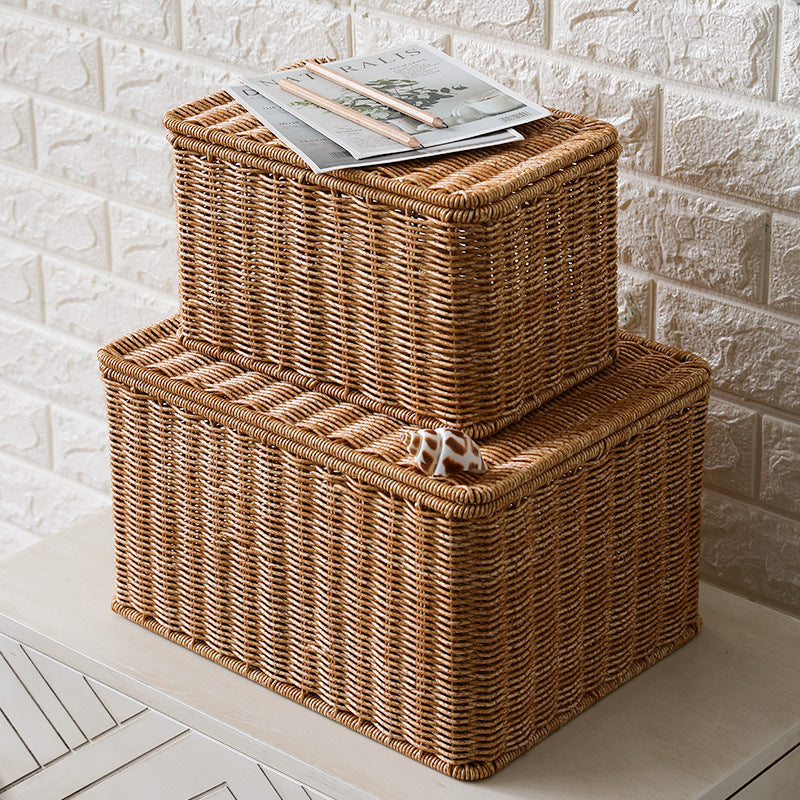 Rattan Woven Storage Basket with Lid - Large Home Organization Bin