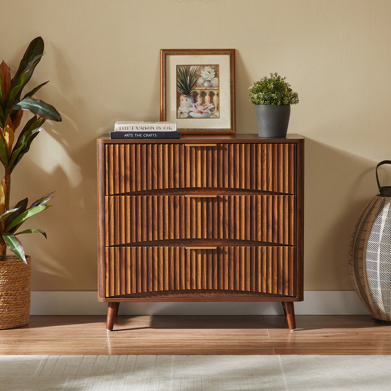 Mid-Century Modern 3-Drawer Dresser - Fluted Walnut Chest
