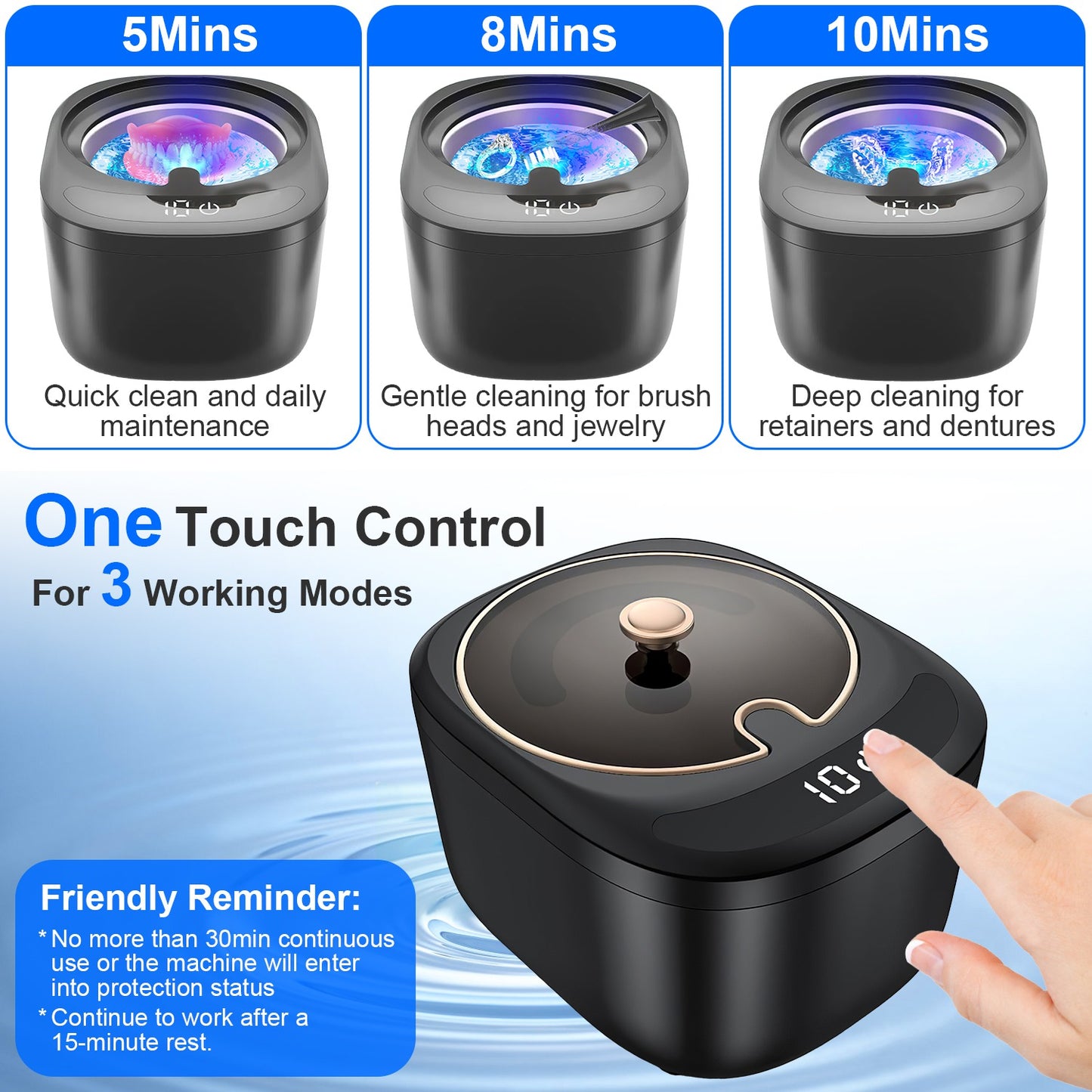 Ultrasonic Retainer Cleaner with UV Light 45kHz, 230ML Capacity, 3 Modes