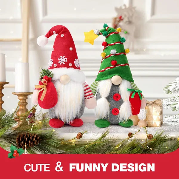 Set of 2 Christmas Gnome Plush Decorations - Red & Green