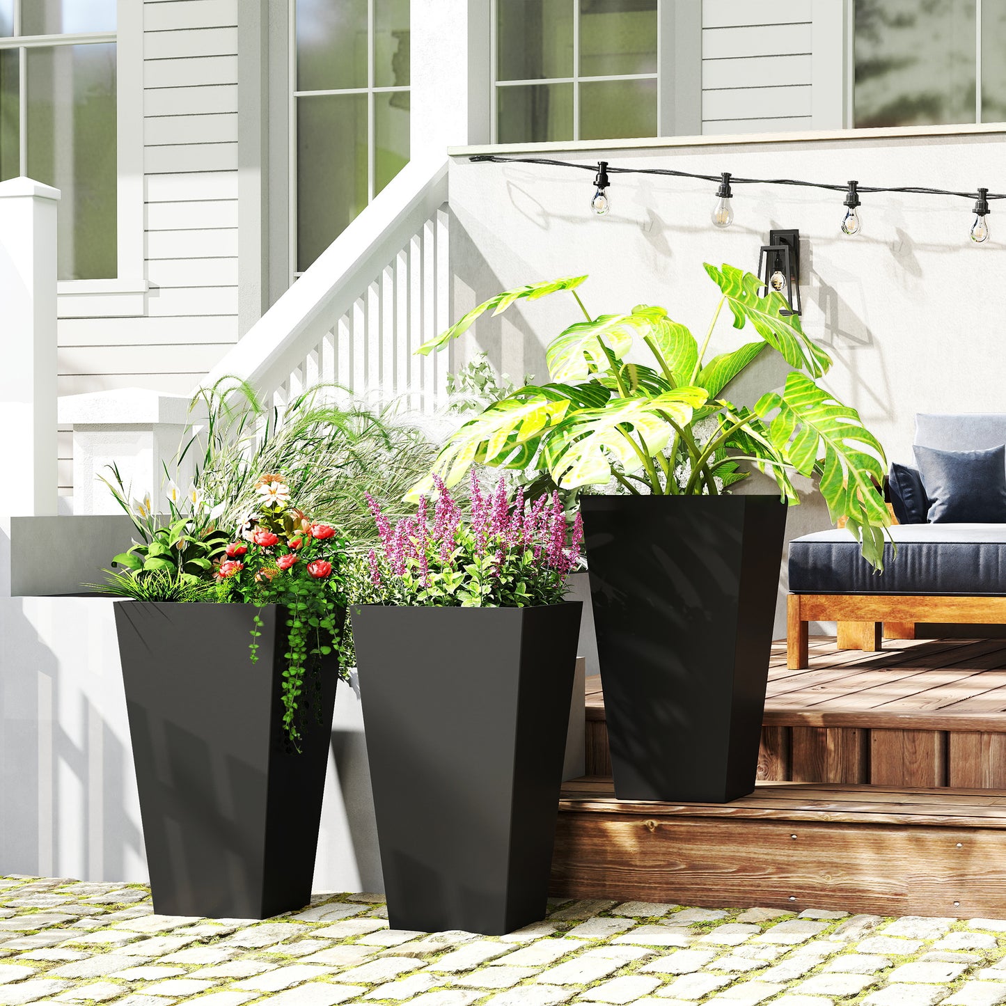 Tall Outdoor Plant Planters Set of 3 - 28 Inch Black Taper Pots with Drainage Holes