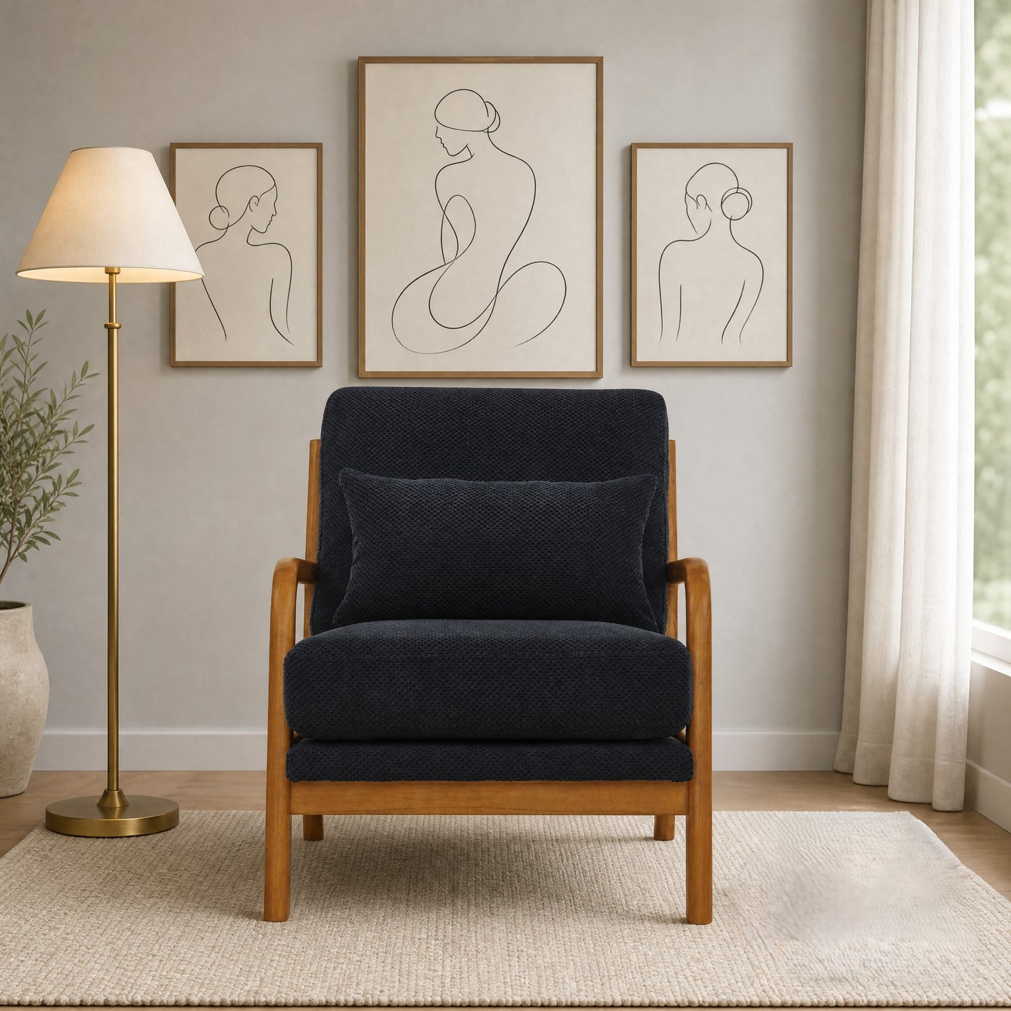 Mid-Century Modern Wooden Lounge Chair - Black Fabric