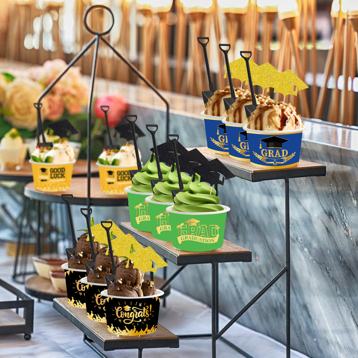 24 Pcs Graduation Party Ice Cream Cups with Spoons & Toppers