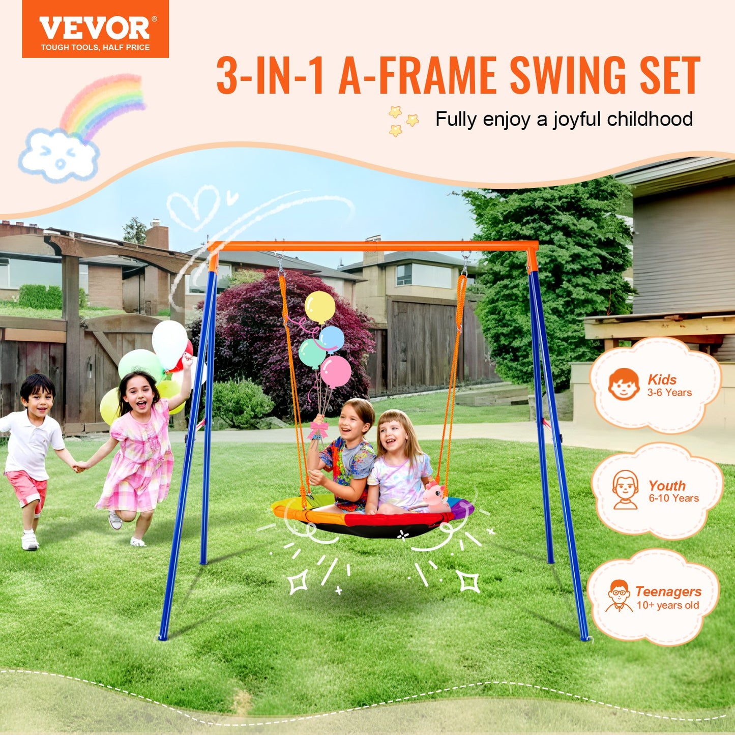 40-Inch Saucer Swing Set with Metal A-Frame Stand for Backyard - Orange