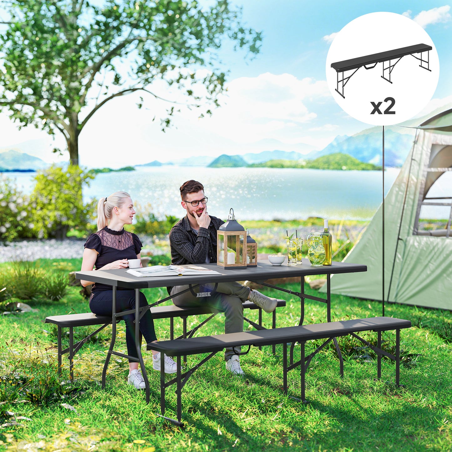Portable Folding Camping Benches - Set of 2, 6 ft Black