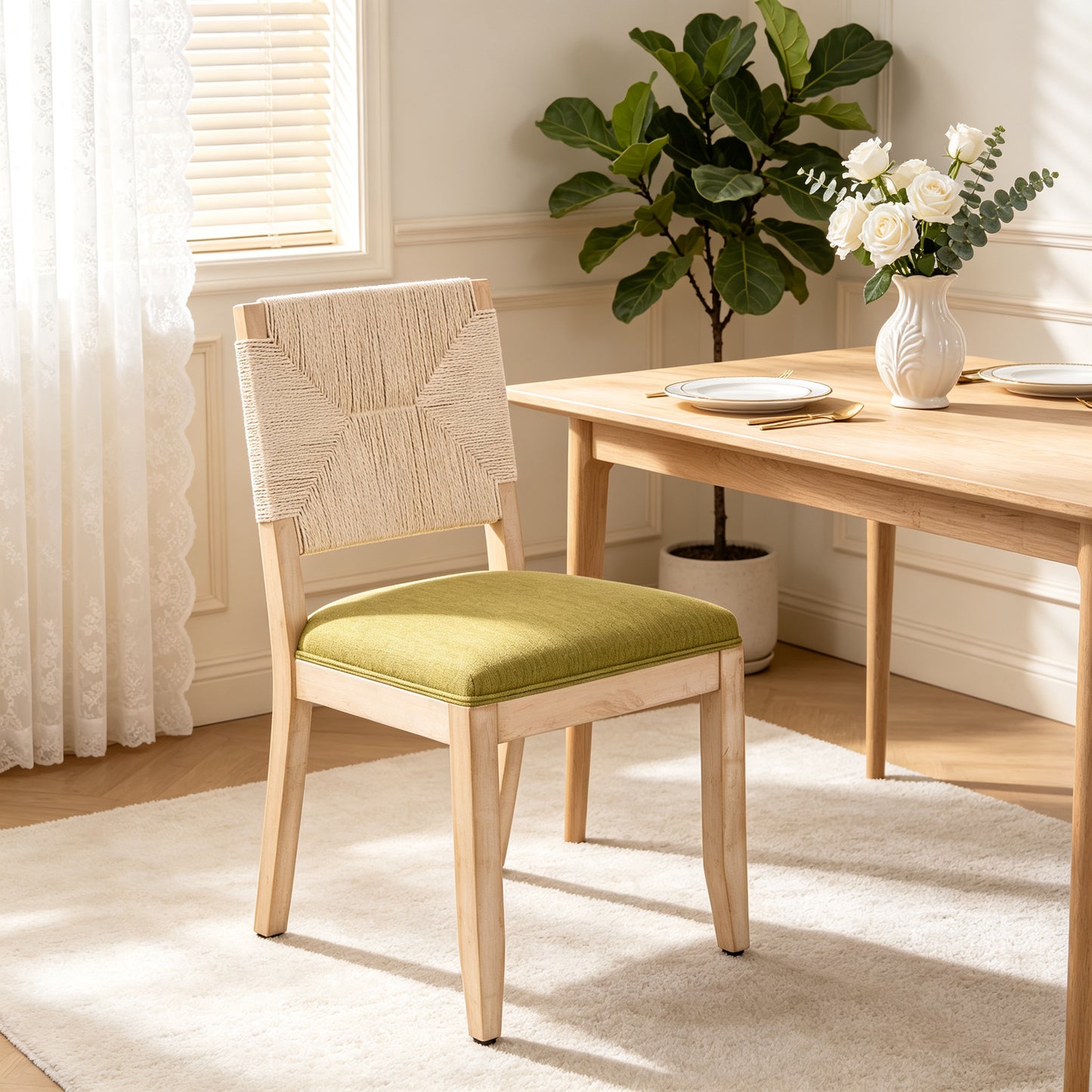 Olive Green Dining Chairs Set of 2 - Woven Back & Linen Seat
