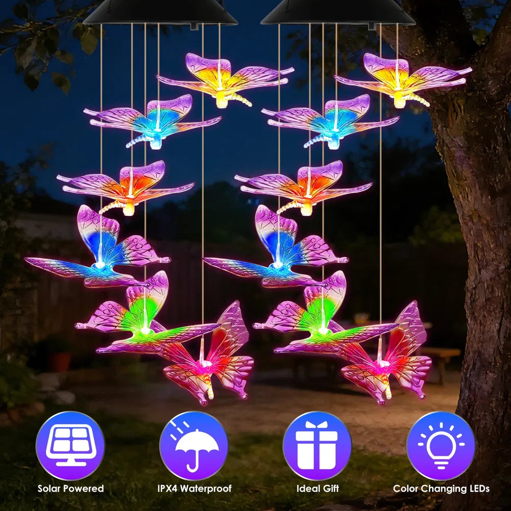 Solar Butterfly Wind Chime with Color-Changing LED Lights - 1 or 2 Pcs