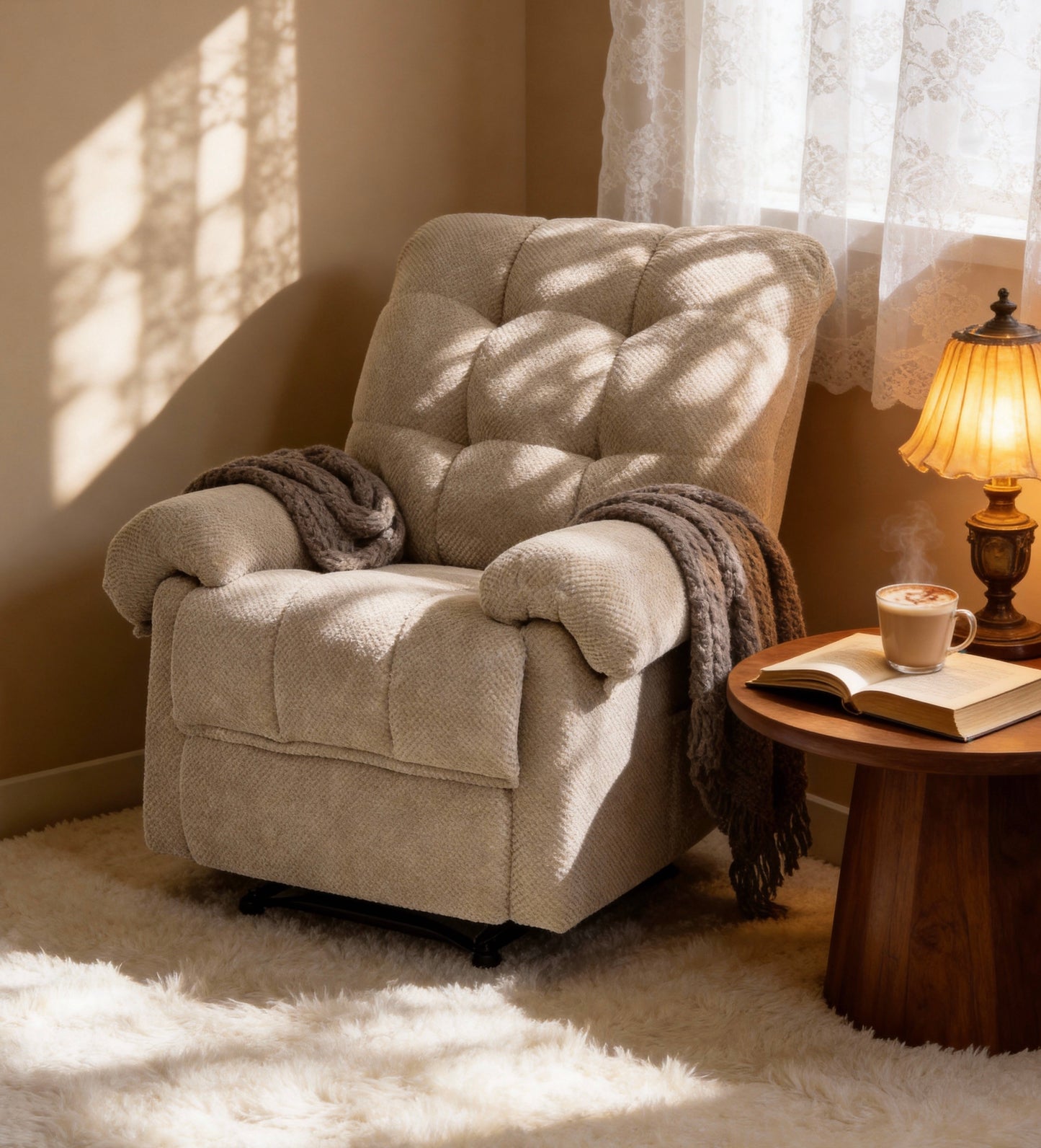 Overstuffed Recliner Chair - Camel Fabric Armchair with Footrest