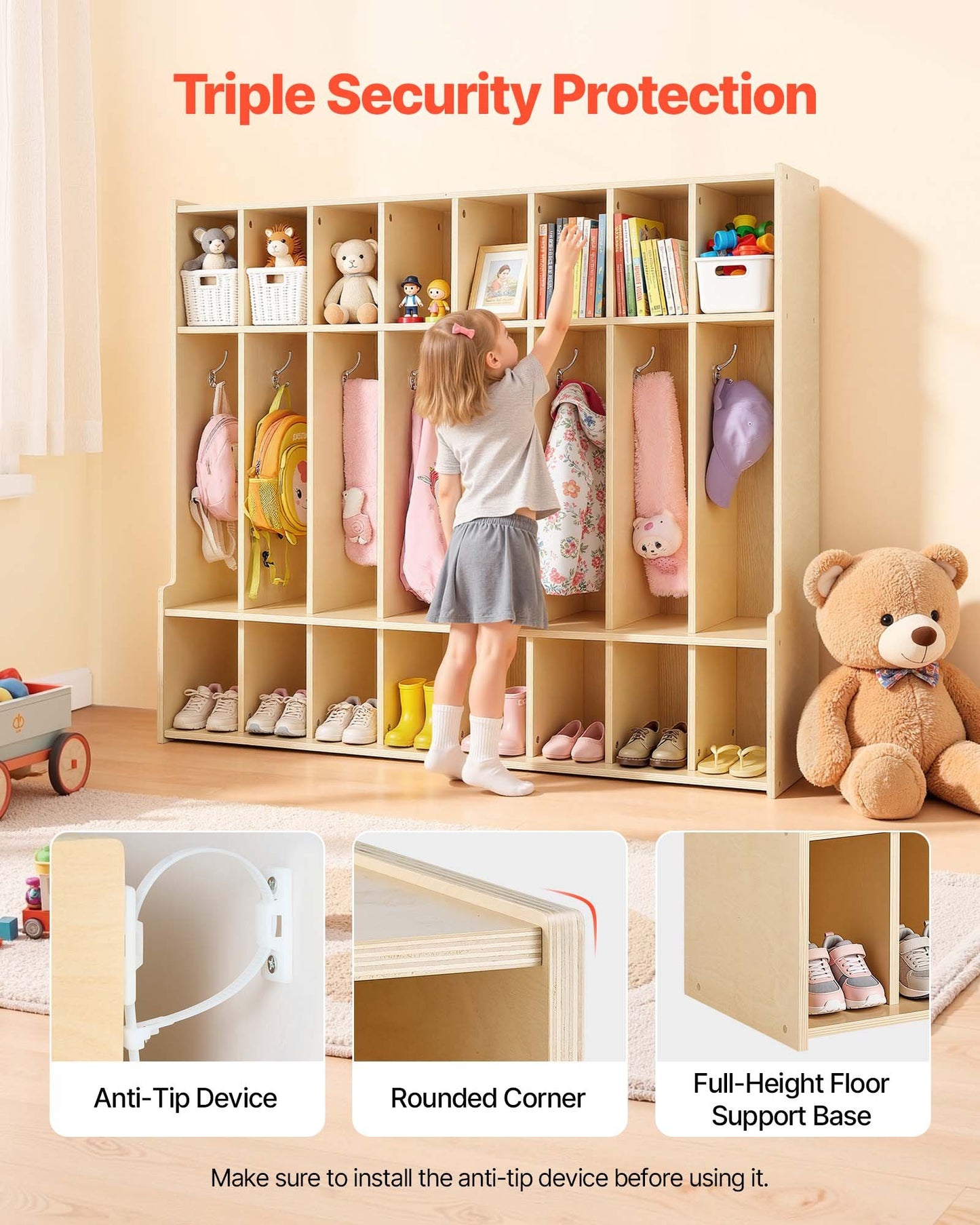 Kids Wooden Coat Locker with 16 Hooks & Open Storage Cubes - Toddler Organization