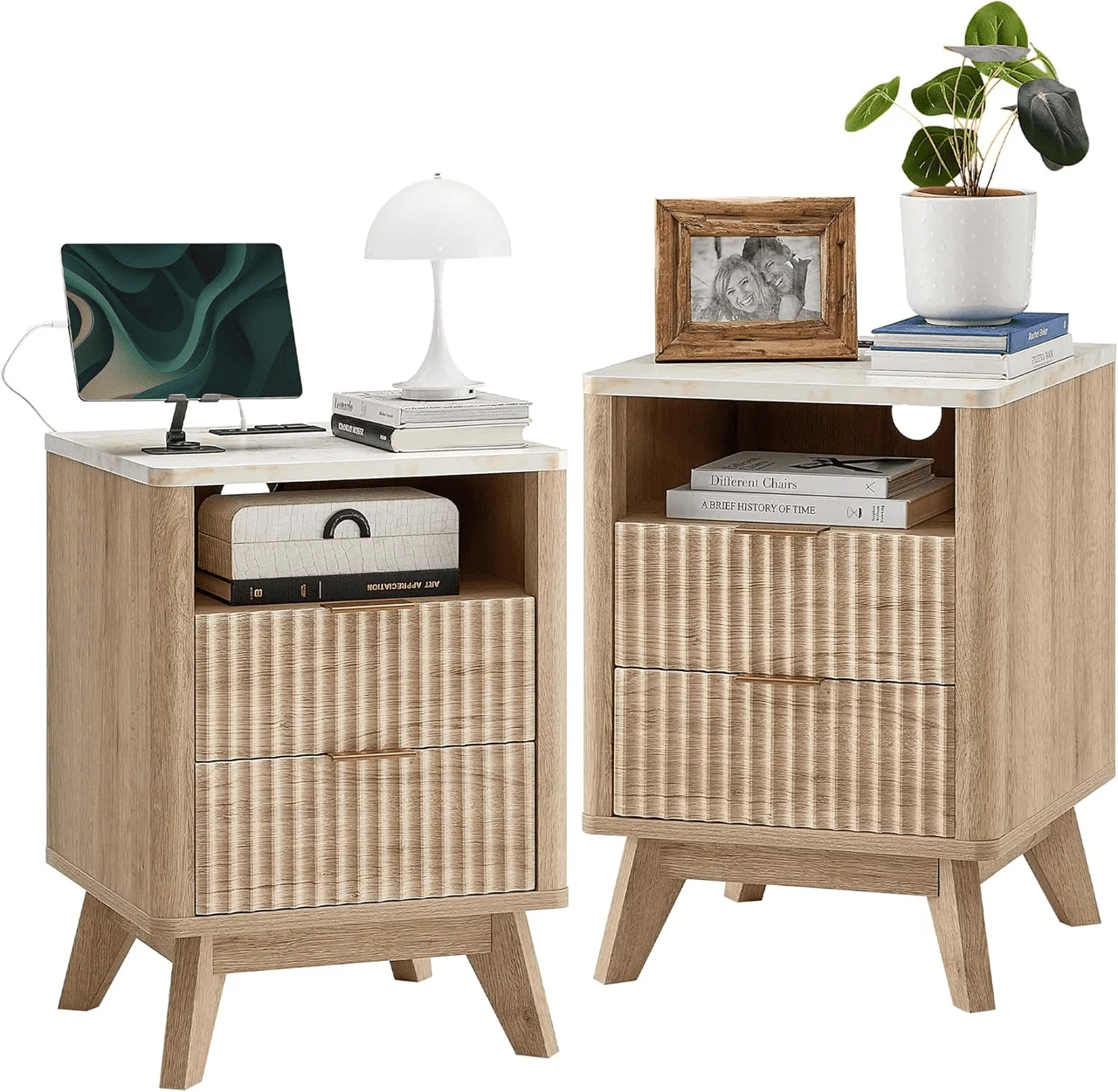 Carved Bedside Cabinet with Charging Port & Marble Top