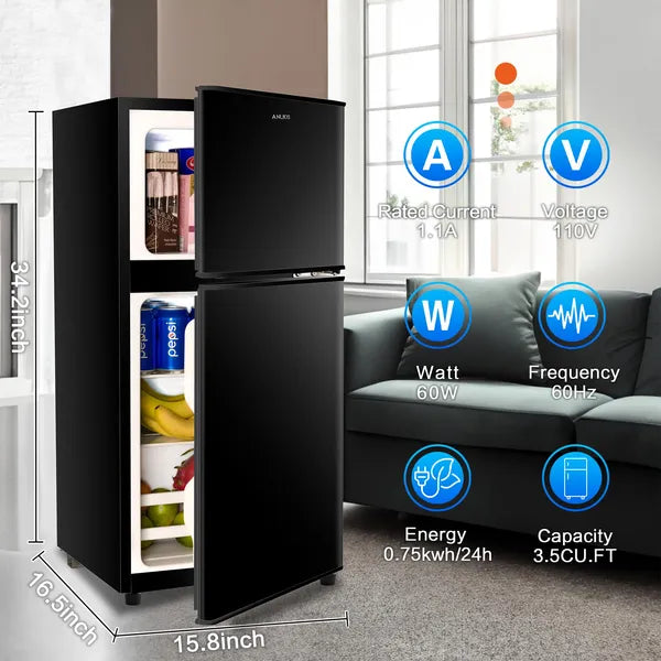 Mini Refrigerator with Freezer, 3.5Cu.Ft Compact Cooler with 2 Doors — Kitchen, Dorm, Office