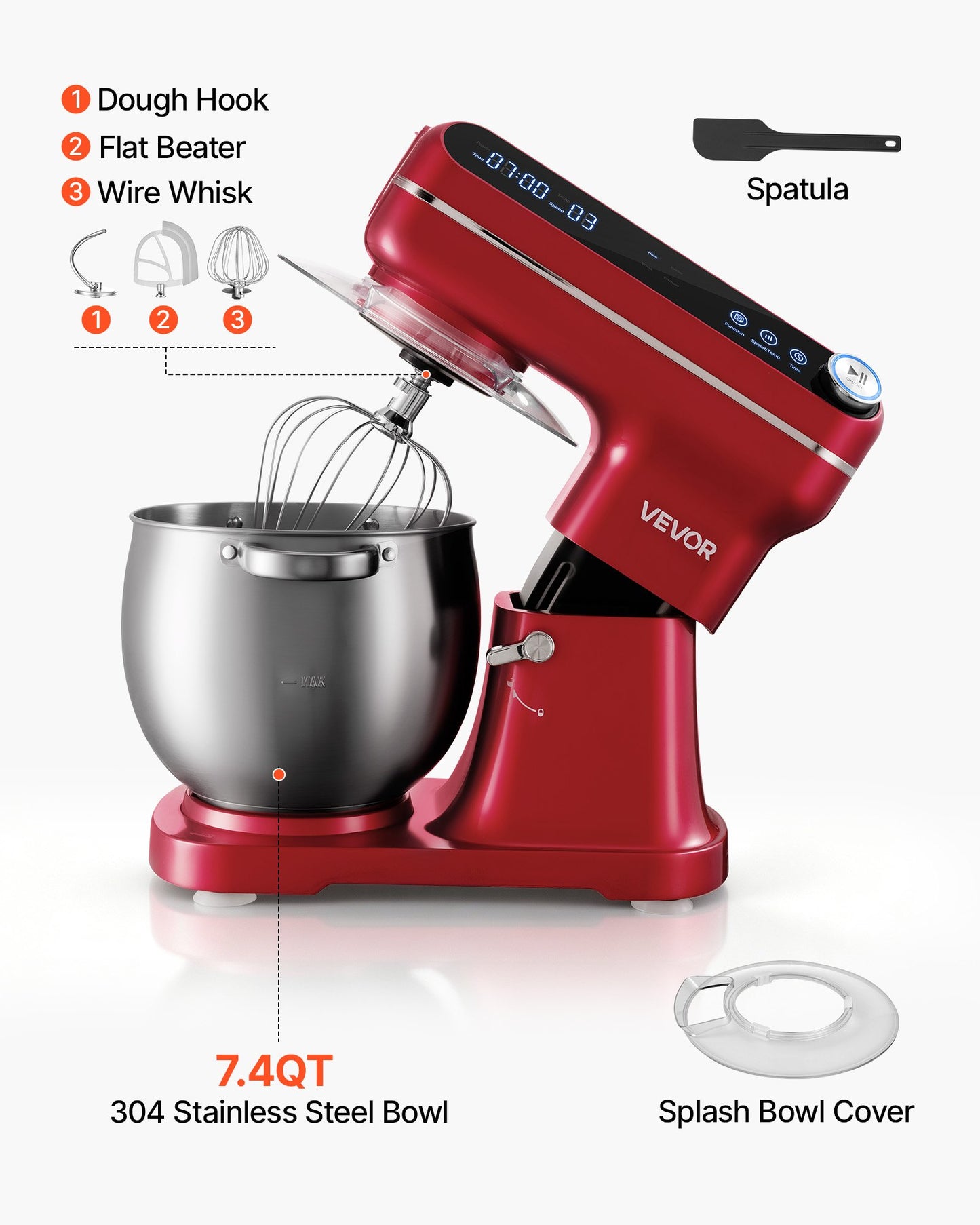 7.4 Qt Tilt Head Stand Mixer 500W with Stainless Steel Bowl and Accessories