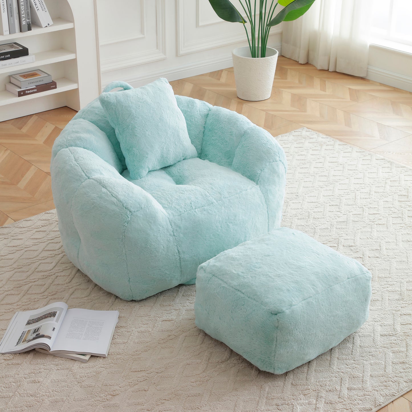 Oversized Faux Fur Bean Bag Chair with Footstool - Light Blue