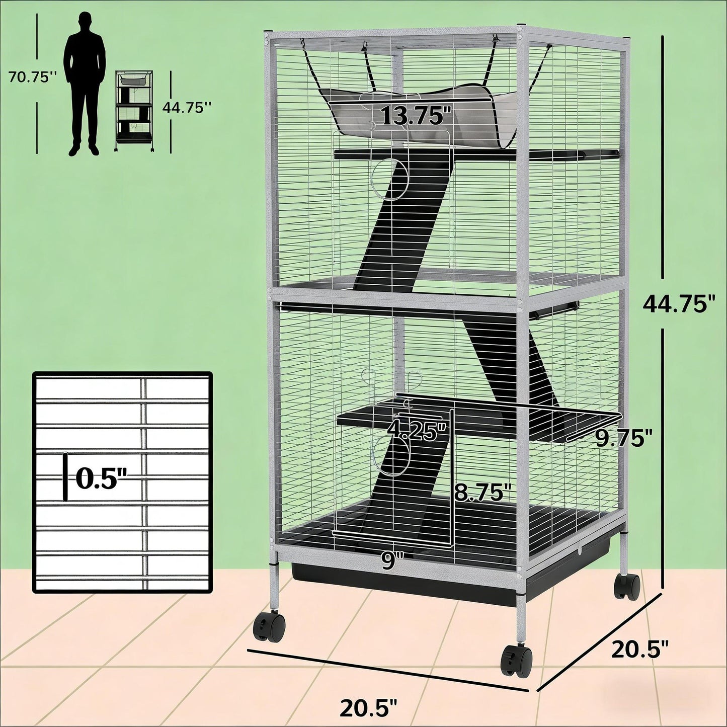 Spacious Small Animal Hutch Cage - Rolling Pet House in White