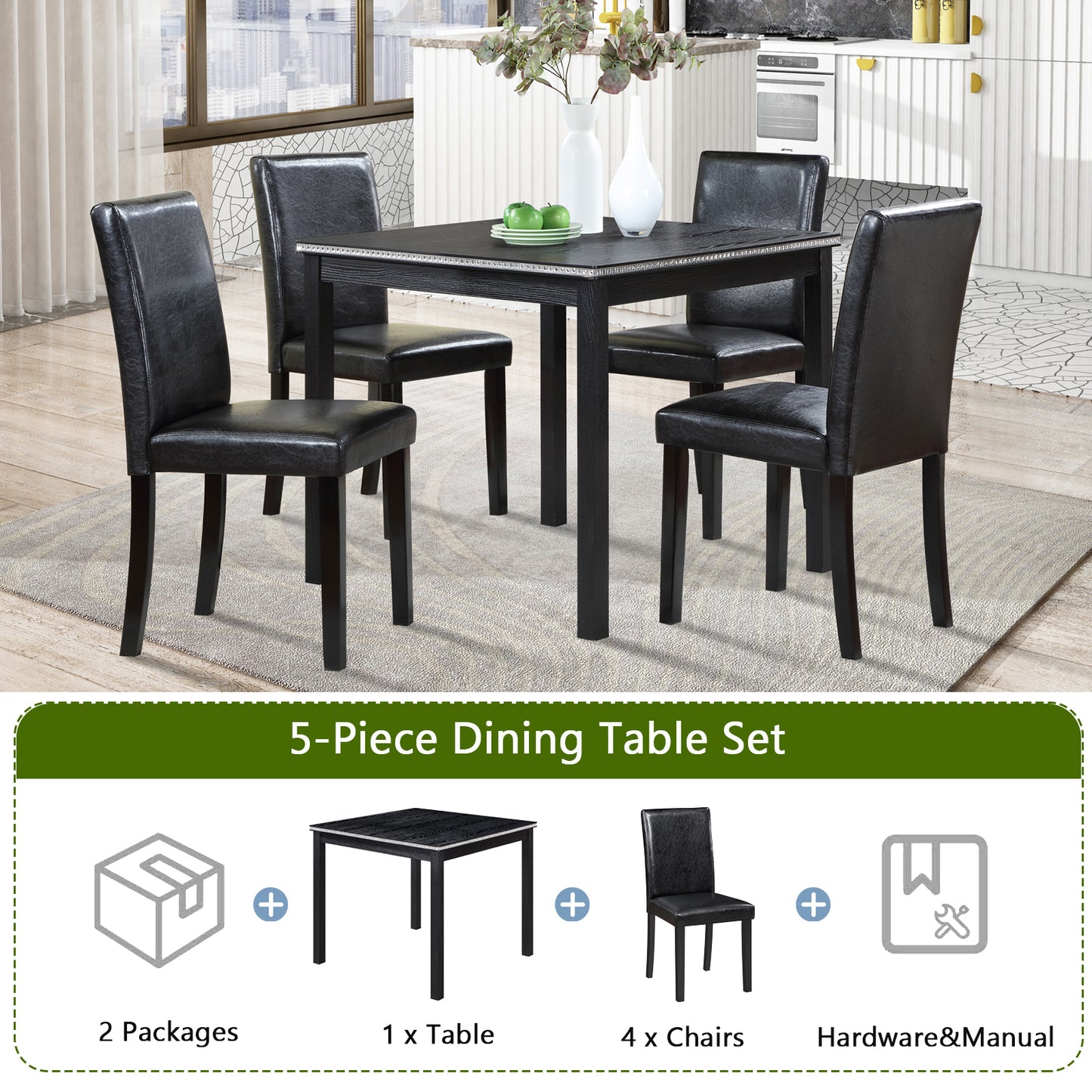 5-Piece Black Wooden Dining Table Set with Upholstered Chairs