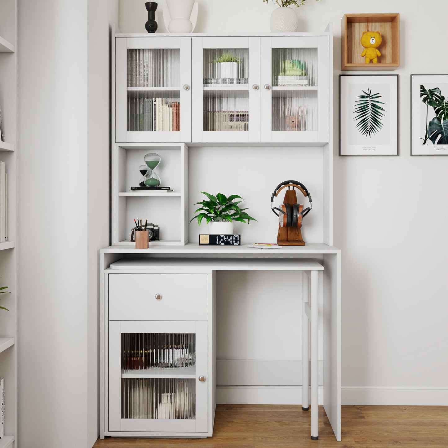 Computer Desk with Glass Door & Hutch - White, Rotating Desktop