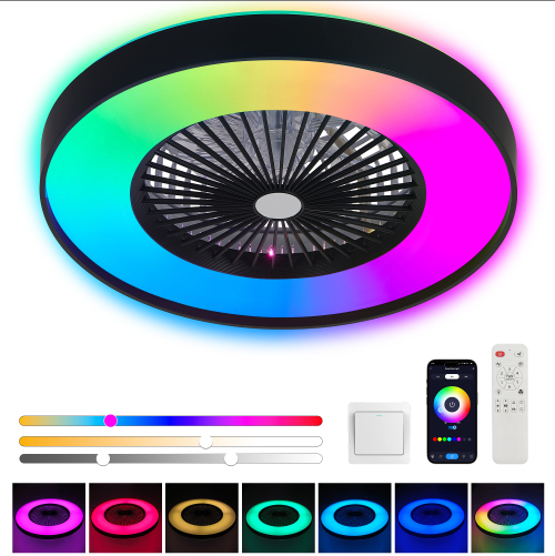 Black Ceiling Fan Light with LED RGB Color-Changing & Remote Control – Modern Dimmable Smart Ceiling Fan for Living Room & Bedroom