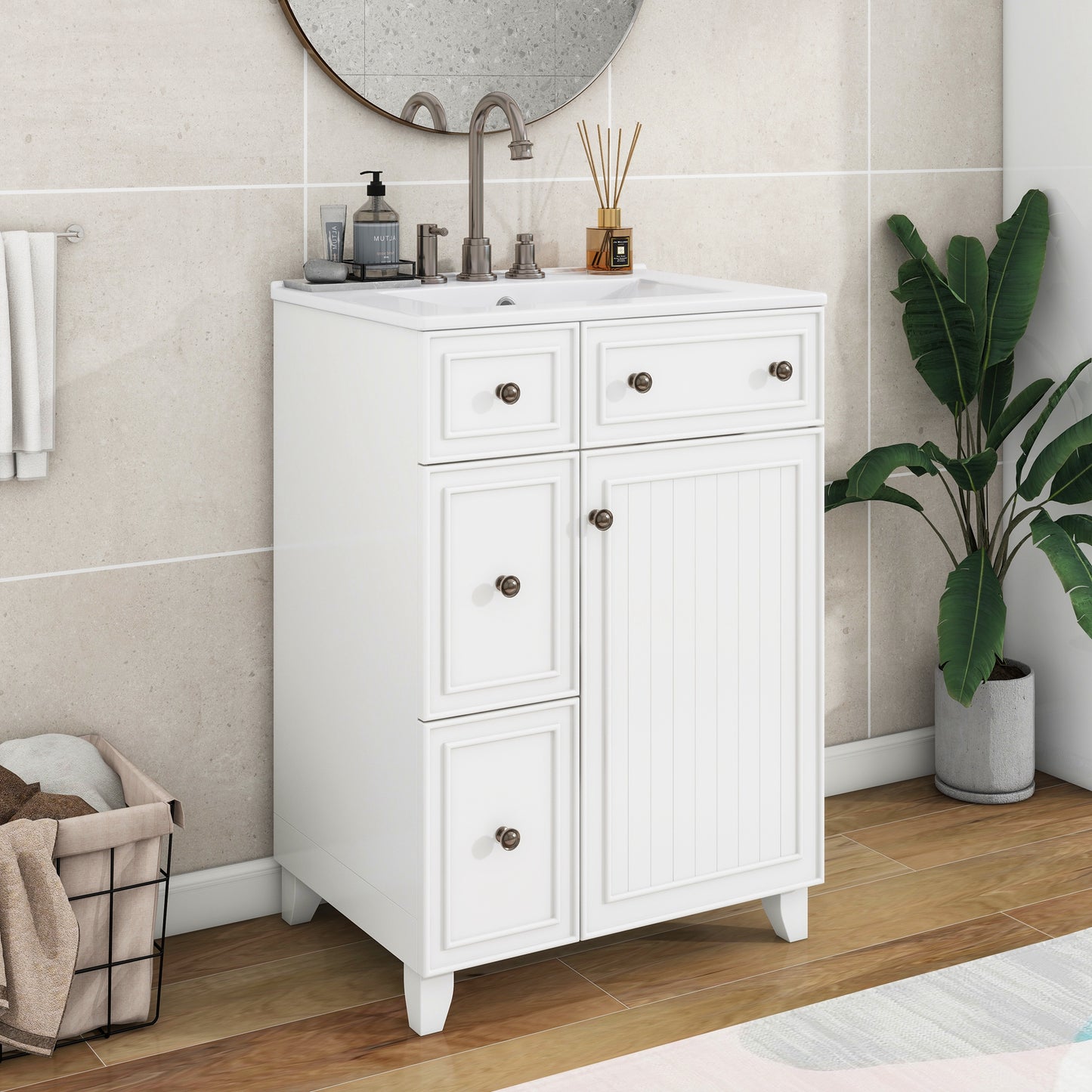 24-Inch Bathroom Vanity Cabinet with Ceramic Sink, 2 Drawers, White