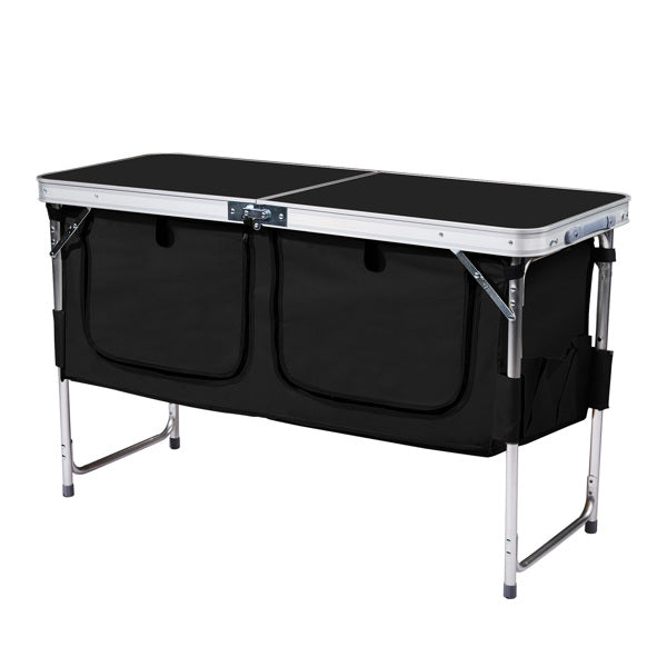 Portable 4ft Folding Camping Table with Storage Compartments - Black