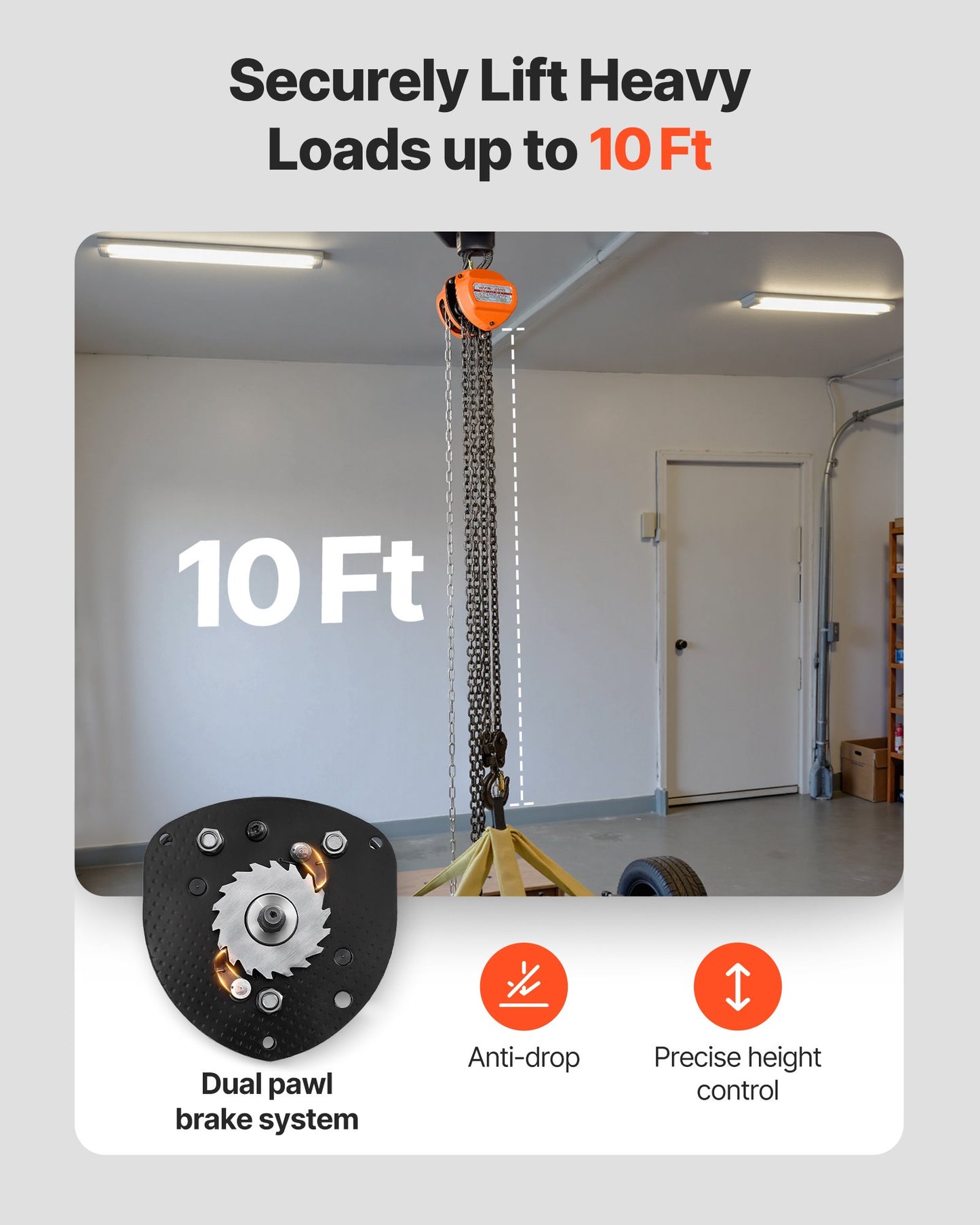 Heavy Duty Hand Chain Hoist 6600 Lb Capacity 10 Ft Manual Chain Block Orange