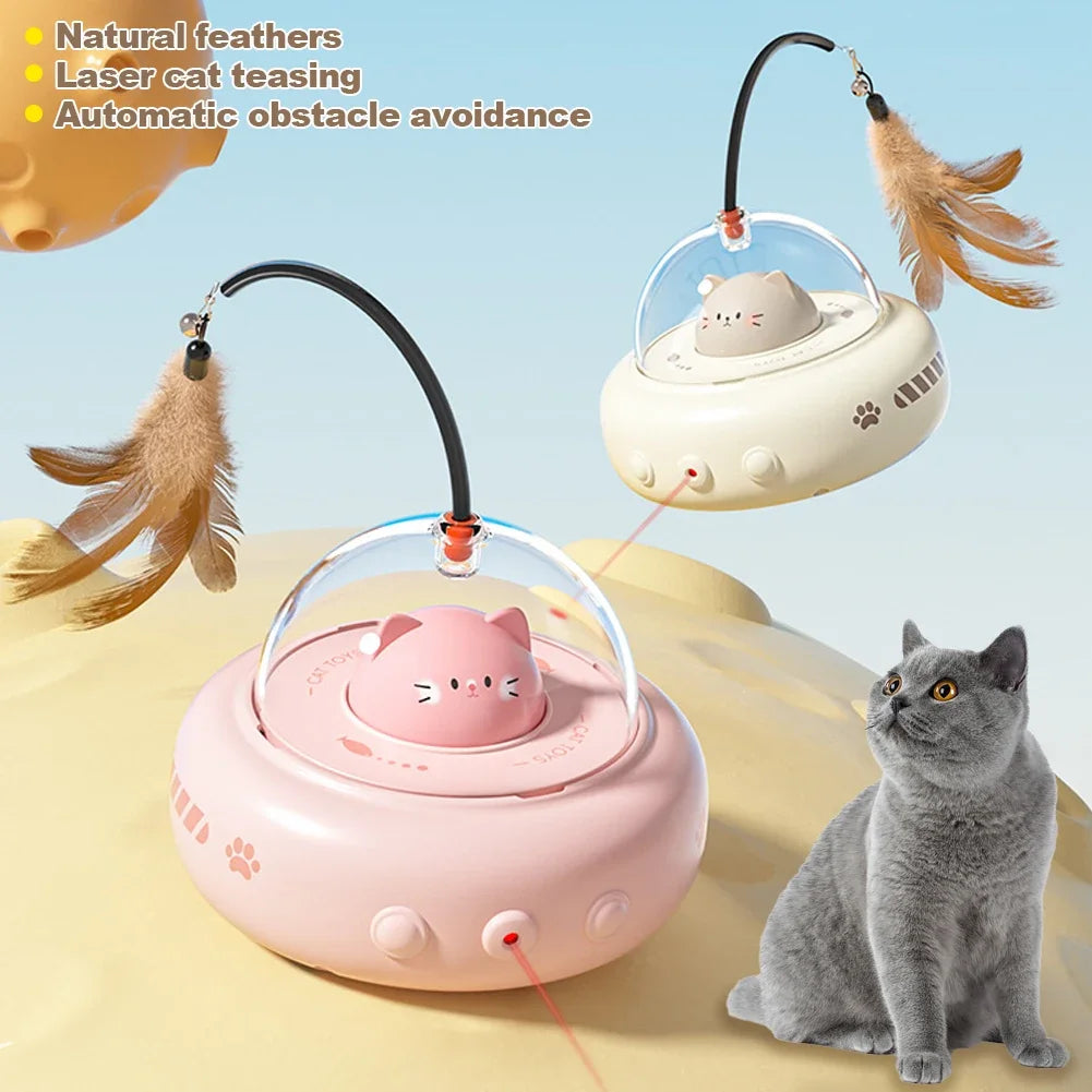 Electric UFO Cat Teaser Toy with Bell & Replaceable Feathers, USB Rechargeable Pet Chase Toy