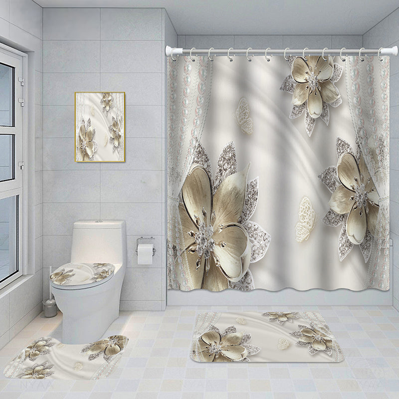 Bathroom 5-Piece Shower Curtain Set with Mat and Decorative Aluminum Frame