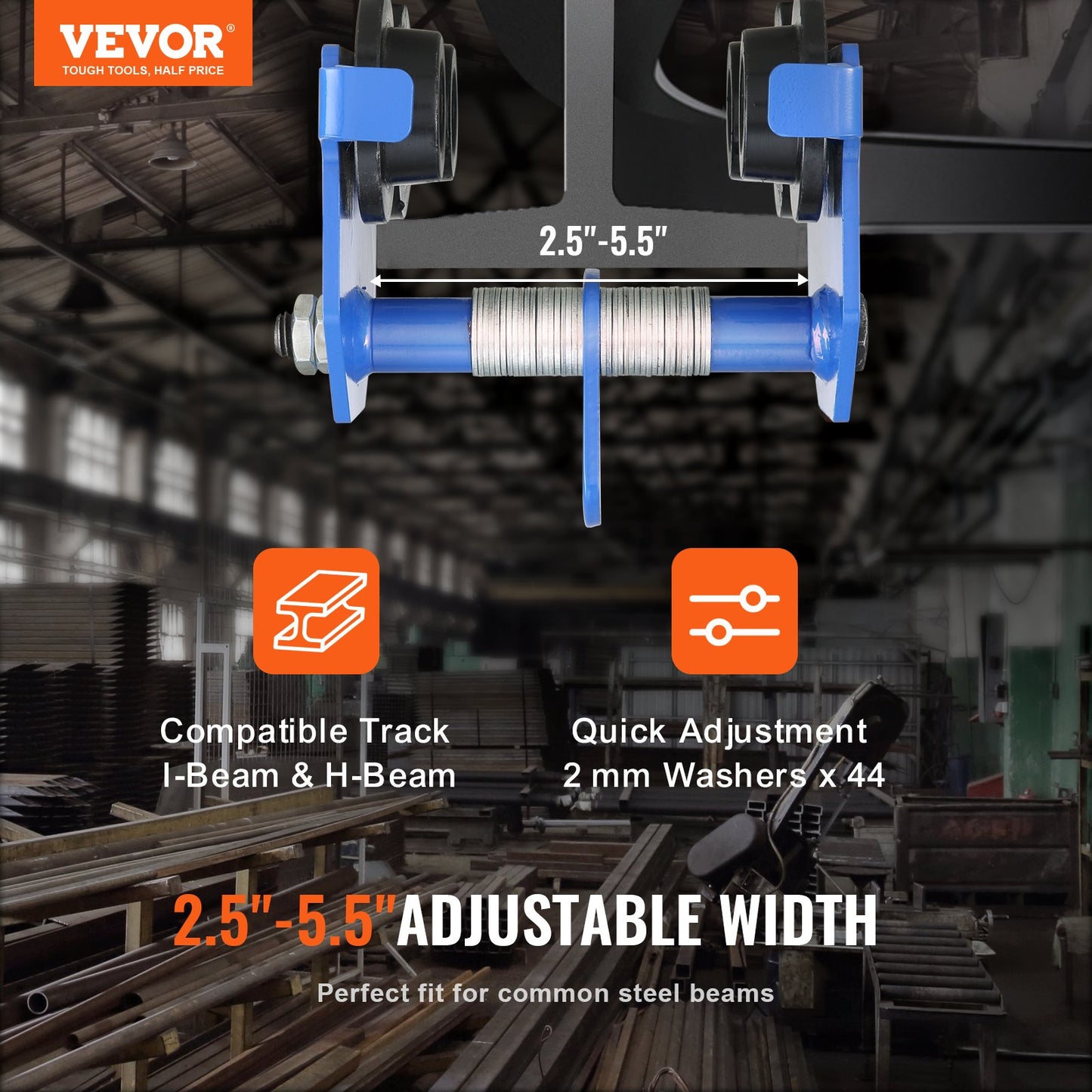 Heavy Duty Manual Trolley for I-Beams - 1100 Lbs Load Capacity Adjustable Steel Garage Hoist