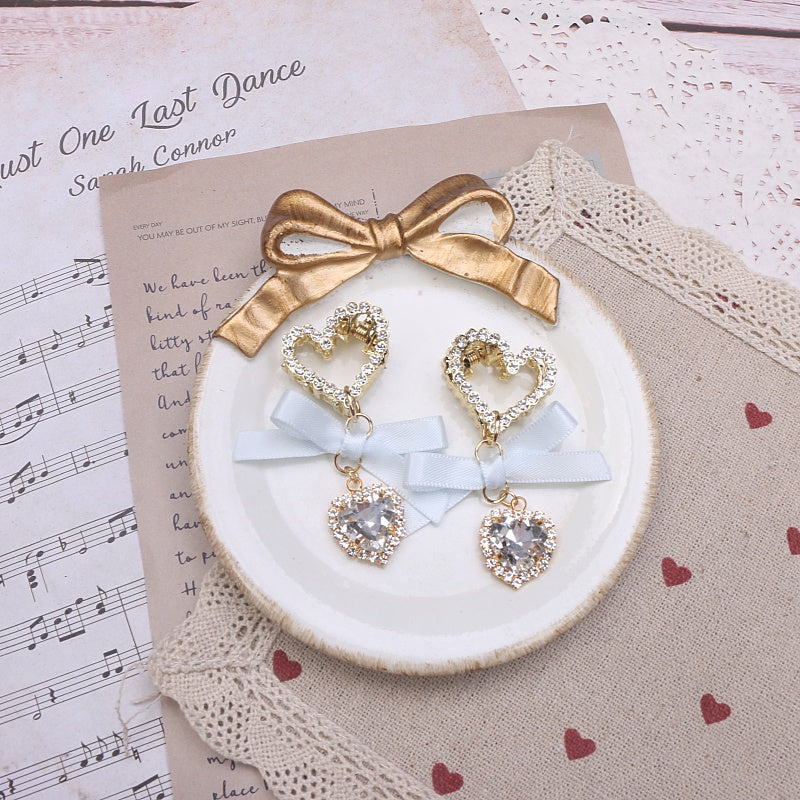 Rhinestone Heart Hair Bow Clip Pair