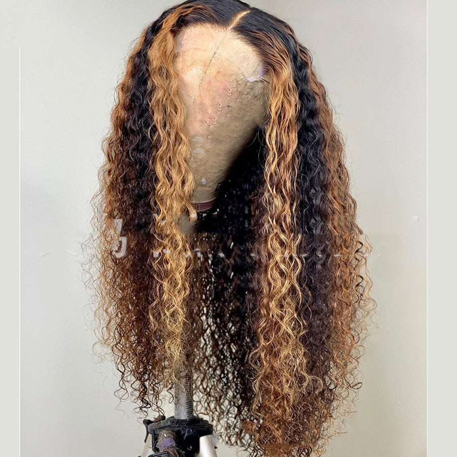 Long Curly Wig with Bangs - Black & Brown Gradient