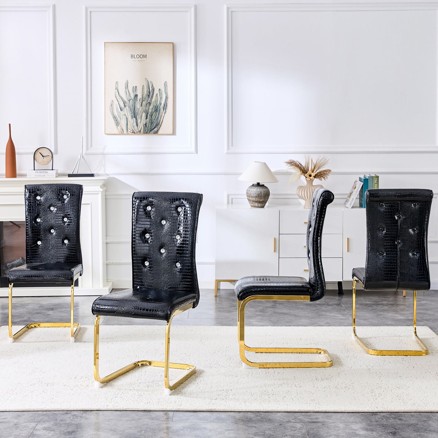 Set Of 2,Retro Alligator Skin Upholstered Dining Chairs,with Crystal