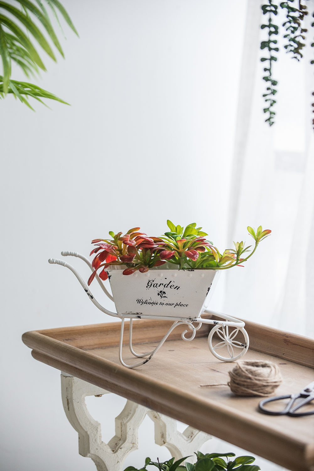 11.5x4x7 White Metal Decorative Disressed Wheelbarrow Planter,