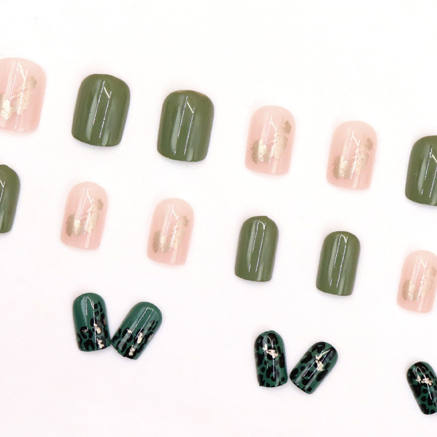 Green Leopard Print Nail Art Stickers with Gold Foil - 24pcs