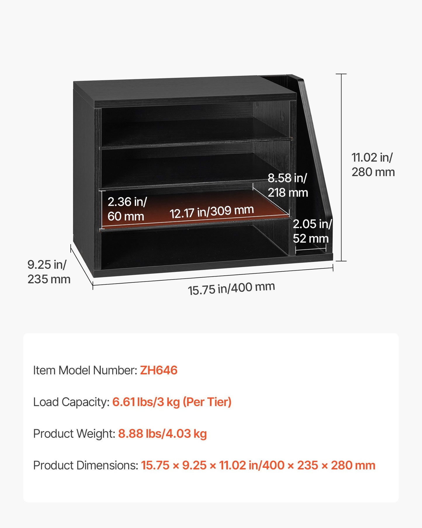 Wooden Literature Organizer with 4 Compartments and Side Storage - Office Desk Mail Sorter, Black