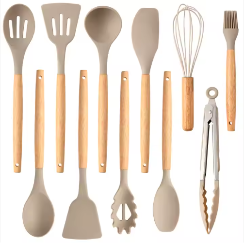 12-Piece Non-Stick Silicone Kitchen Utensil Set - Khaki