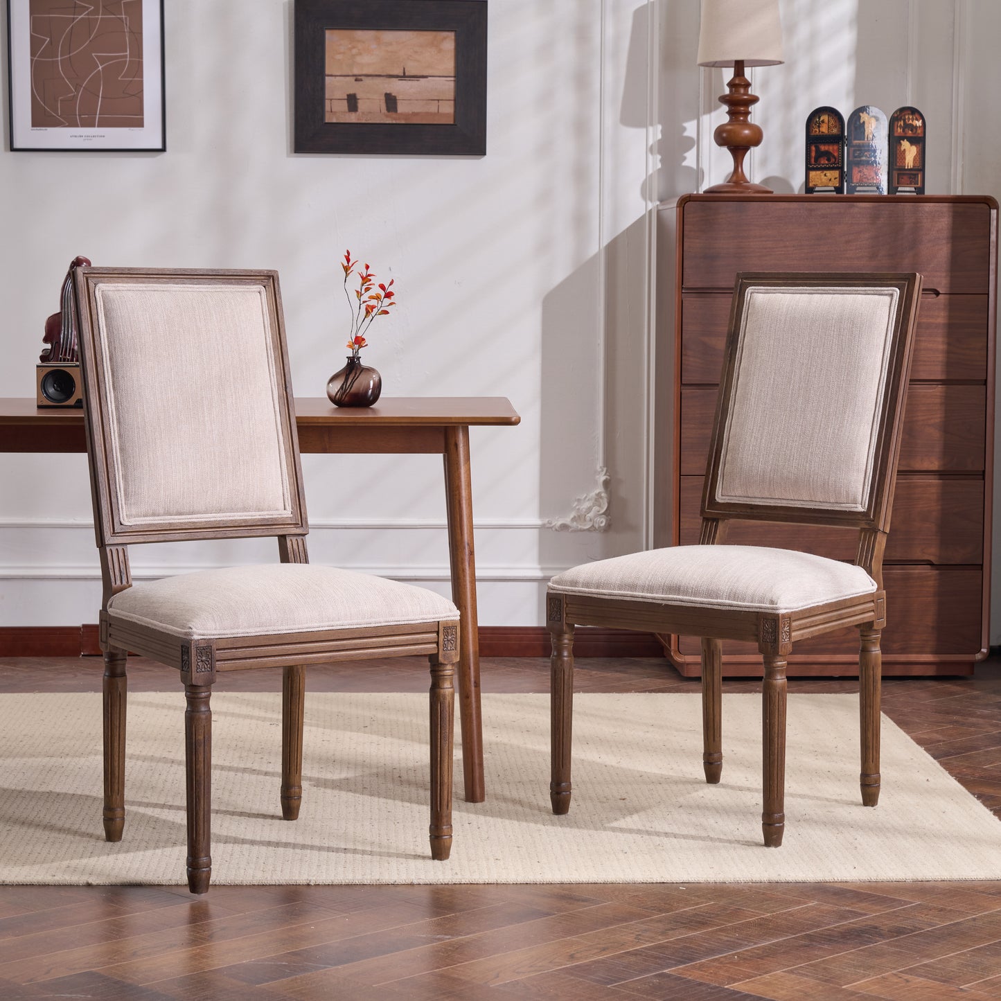 French Country Dining Chairs - Upholstered Cane Backrest, Set of 2