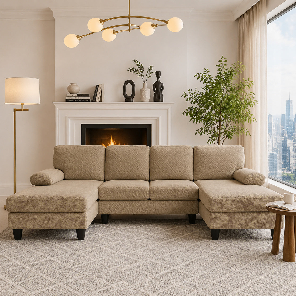 U-Shaped Sofa with Nubby Upholstery and Dual Chaise - Camel