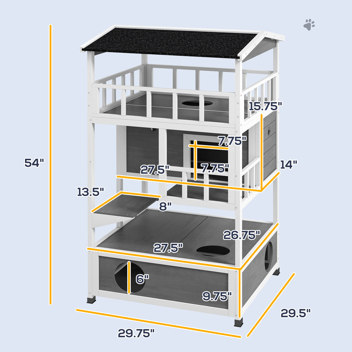 Outdoor Wooden Cat House with Asphalt Roof, Escape Doors & Jumping Platform