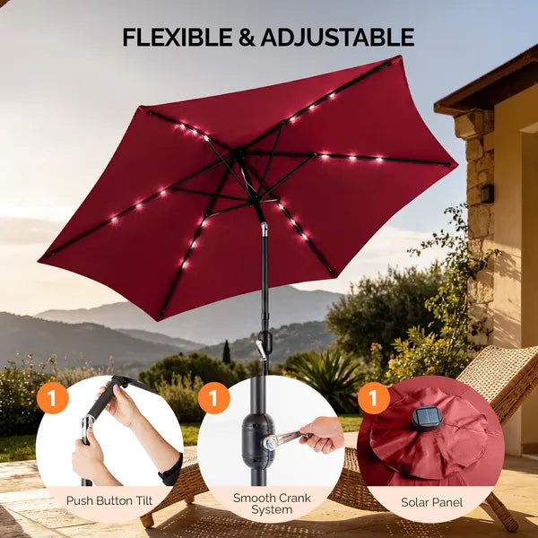 9ft Solar LED Patio Umbrella - Waterproof Burgundy with Tilt & Crank