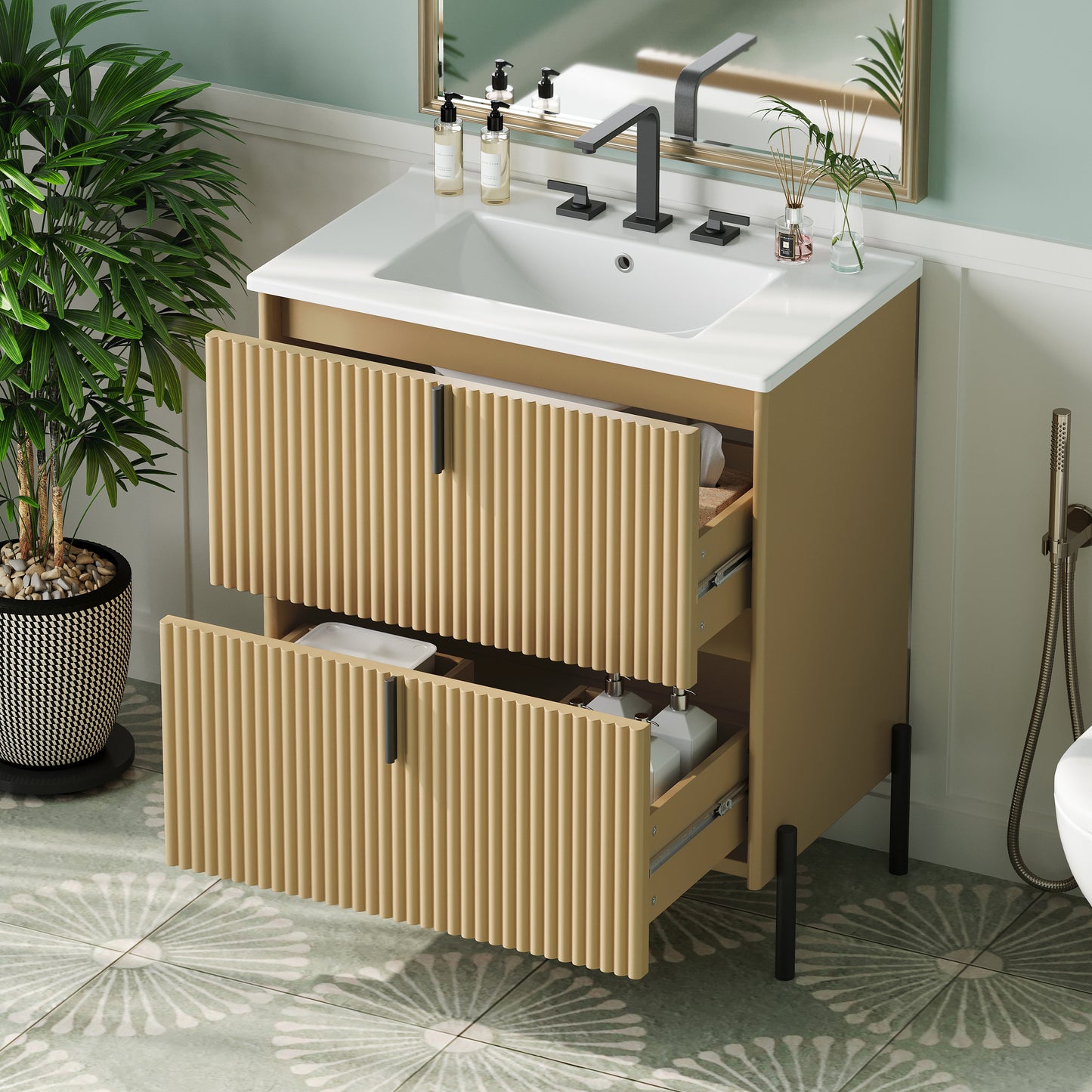30" Freestanding Bathroom Vanity with Ceramic Sink - Natural