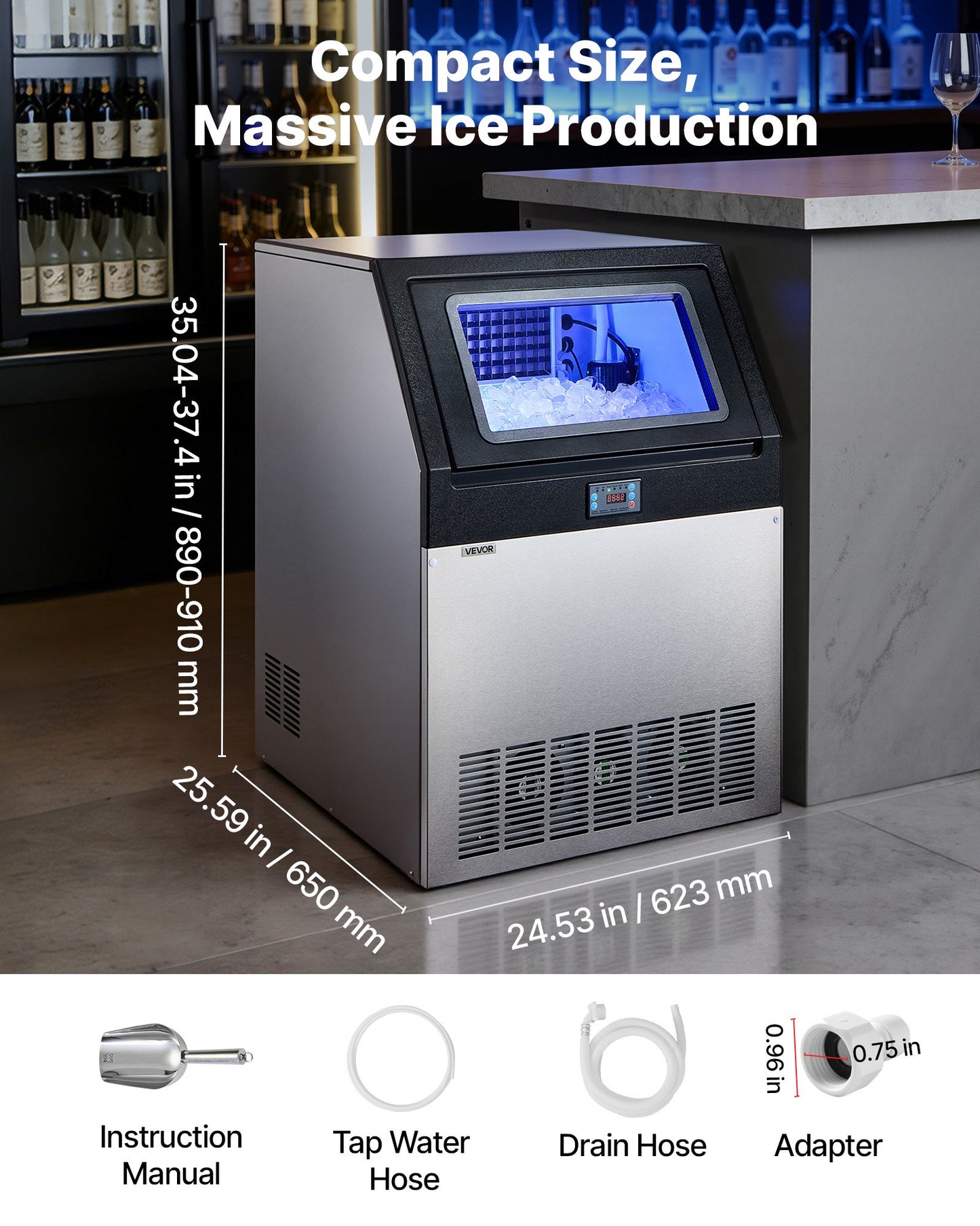 Commercial Ice Maker Machine 300 lbs/24h with 85 lbs Storage Stainless Steel