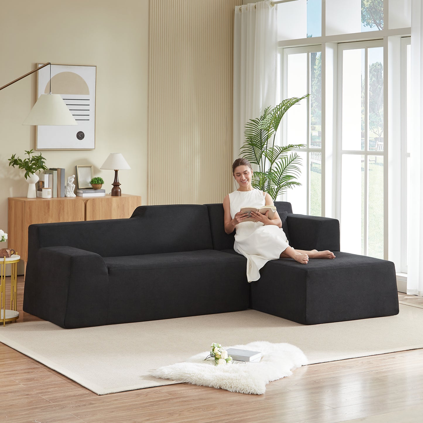 L-Shaped Modern Minimalist Corduroy Sofa - Black