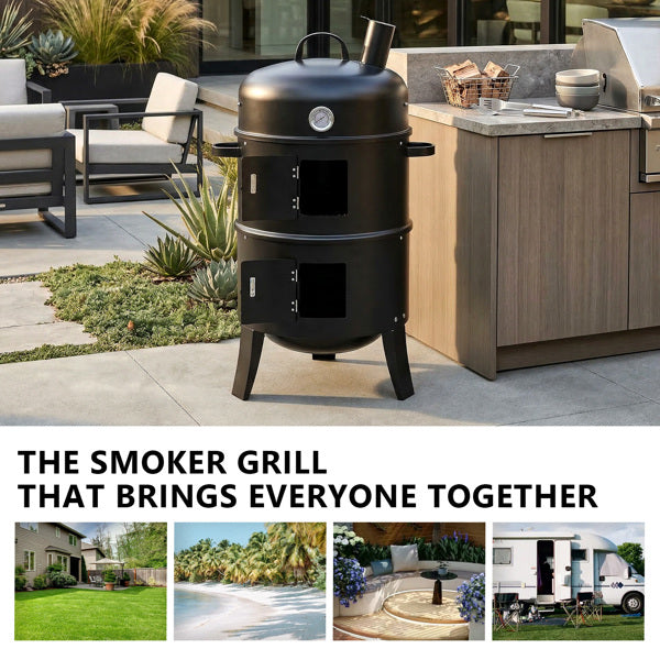 Black Cylindrical Outdoor Smoker with Chimney - Heavy-Duty Iron, 85cm