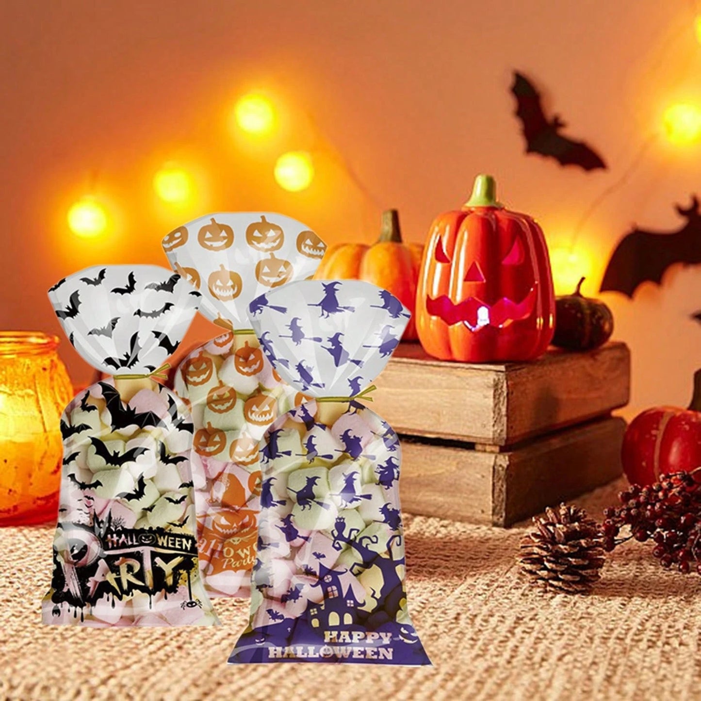 Halloween Gift Wrapping Bags - 200 Pcs Pumpkin & Bat Design