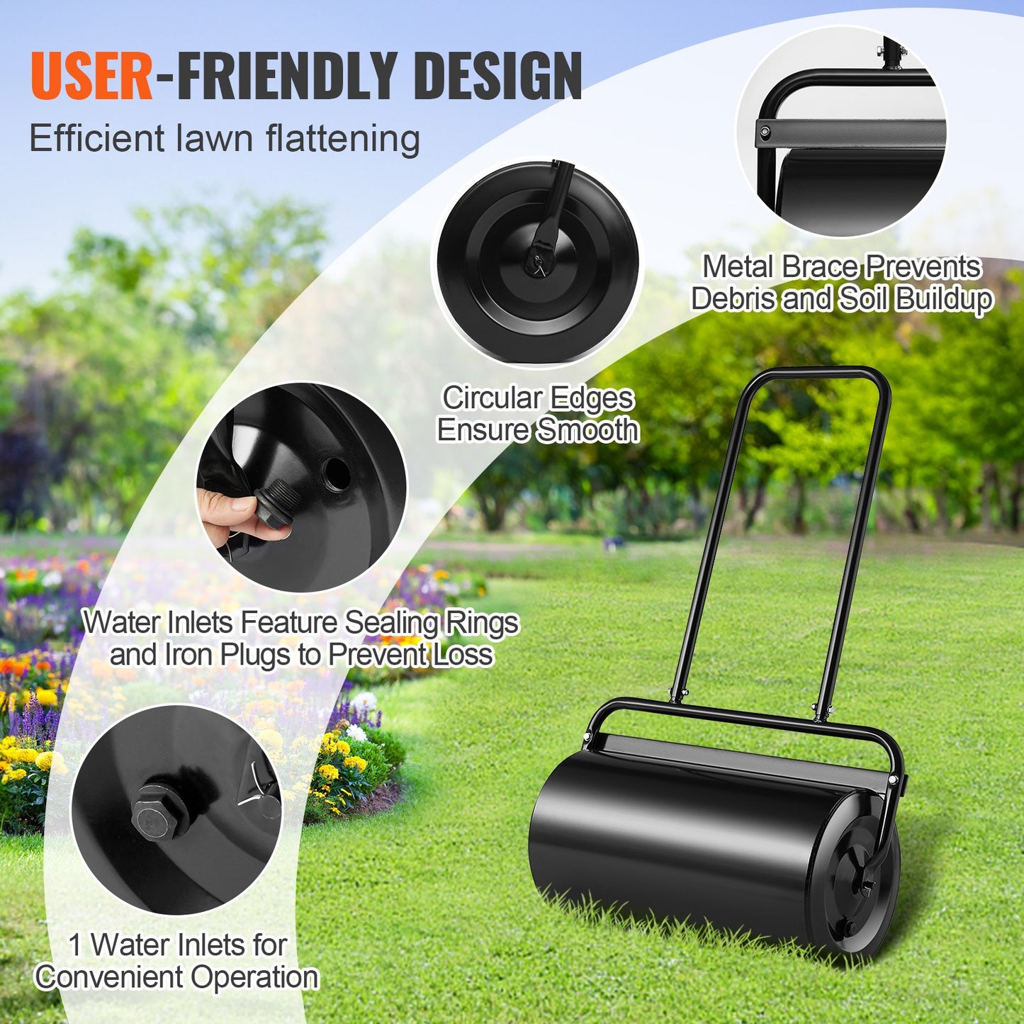 Garden Lawn Roller 13 Gallon Steel Sand Water Filled Push & Pull Yard Tool Black