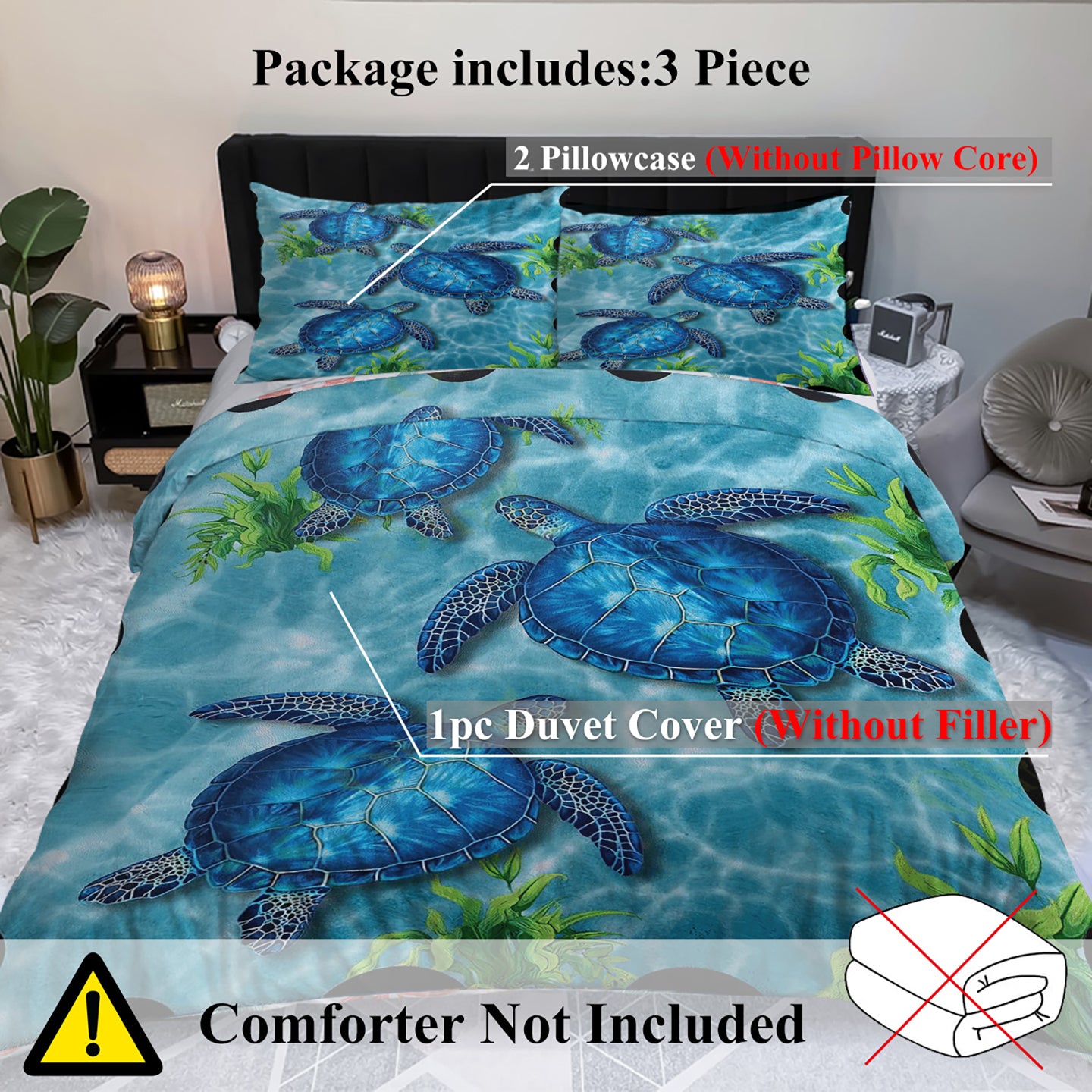 Sea Turtle Pattern Duvet Cover Set - King Size 3 Pieces