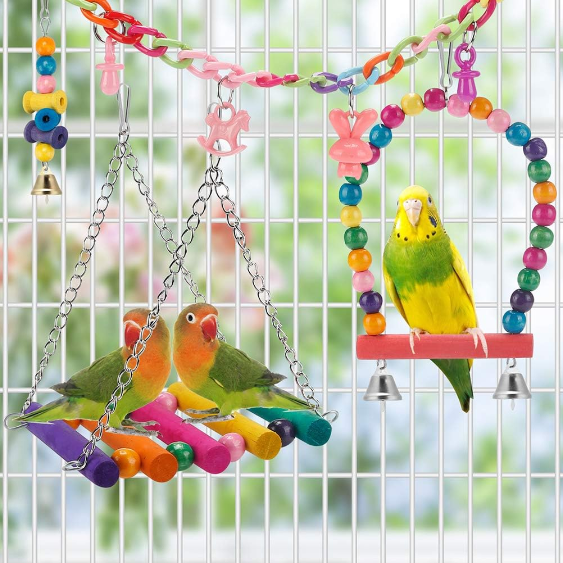 Colorful Bird Parakeet Toys Set with Swing Climbing Ladder Chewing Hammock