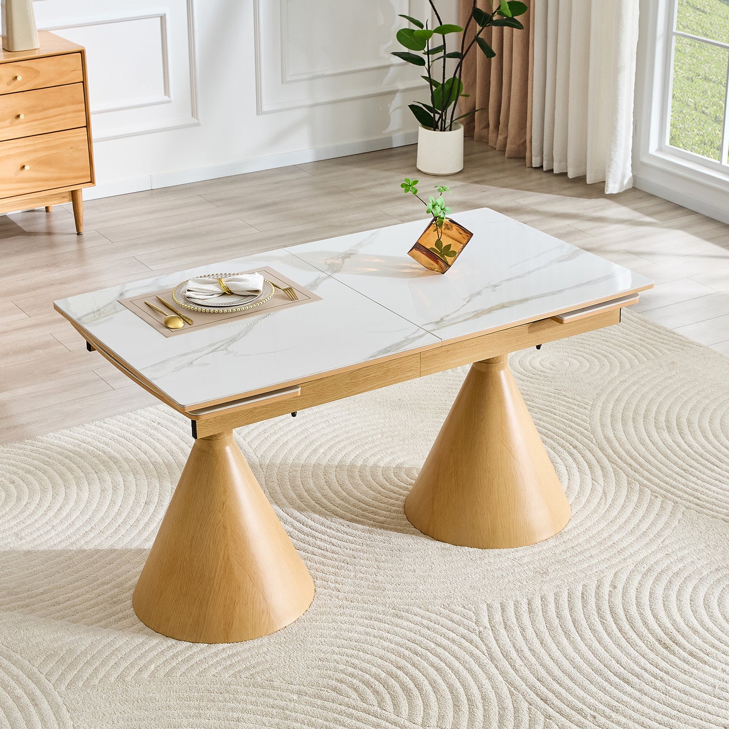 Extendable White Marble-Top Dining Table with Metal Legs