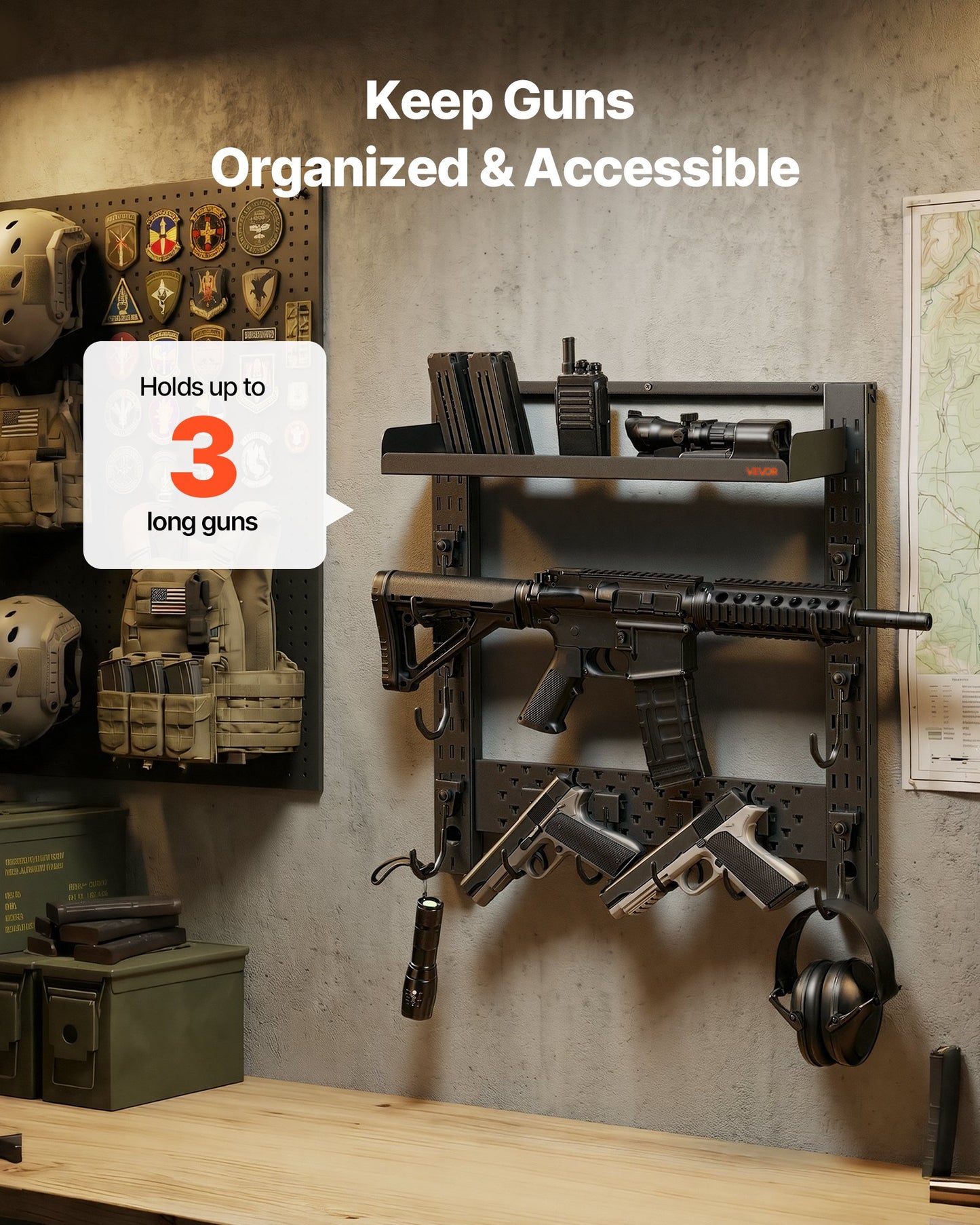 Heavy Duty Wall Mount Gun Rack for Rifles & Shotguns with Storage Tray - Black