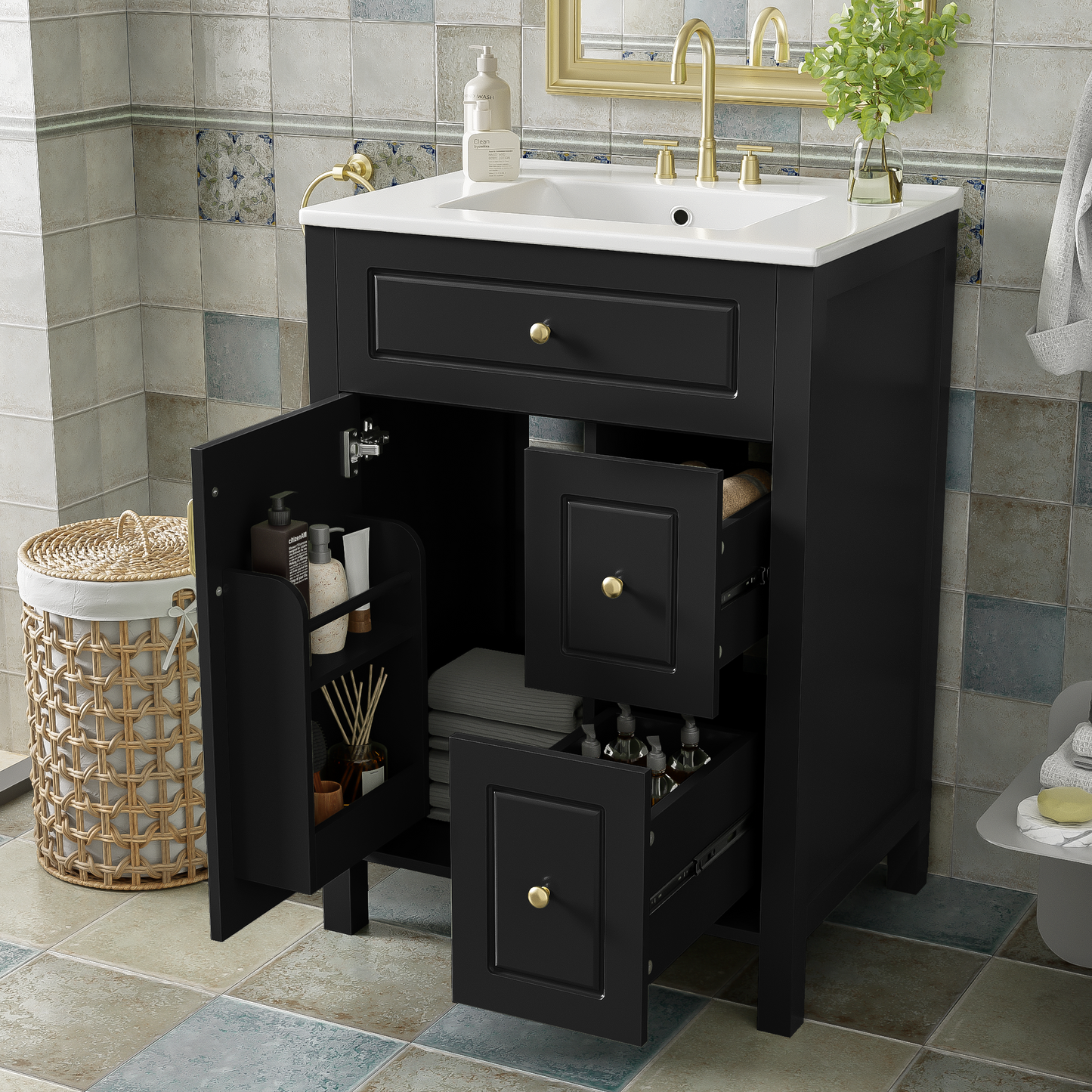 24-Inch Bathroom Vanity with Ceramic Sink and Soft Close Doors - Black